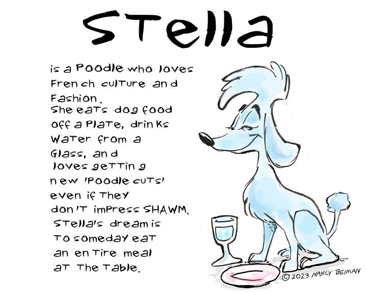 Kate Buffet, Floof the Kitten, Shawm the Afghan Hound, Stella the Poodle, Sirius the Puppy and descriptions of their personalities.