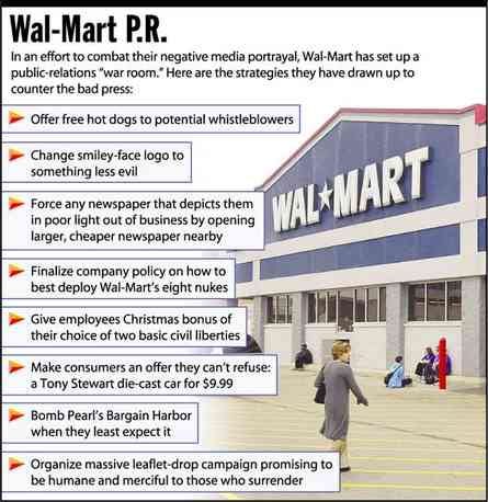 [Image shows a satirical infographic titled "Wal-Mart P.R." with the preamble "In an effort to combat their negative media portrayal, Wal-Mart has set up a public-relations 'war room.' Here are the strategies they have drawn up to counter the bad press:" followed by bulleted items and a photo of a Wal-Mart store exterior]  Offer free hot dogs to potential whistleblowers; Change smiley-face logo to something less evil; Force any newspaper that depicts them in poor light out of business by opening larger, cheaper newspaper nearby; Finalize company policy on how to best deploy Wal-Mart's eight nukes; Give employees Christmas bonus of their choice of two basic civil liberties; Make consumers an offer they can't refuse: a Tony Stewart die-cast car for $9.99; Bomb Pearl's Bargain Harbor when they least expect it; Organize massive leaflet-drop campaign promising to be humane and merciful to those who surrender