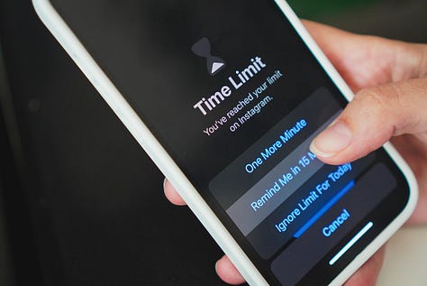 photos of my thumb nearly tapping instagram, one showing the time limit prompt and one showing the prompt to take a deep breath.