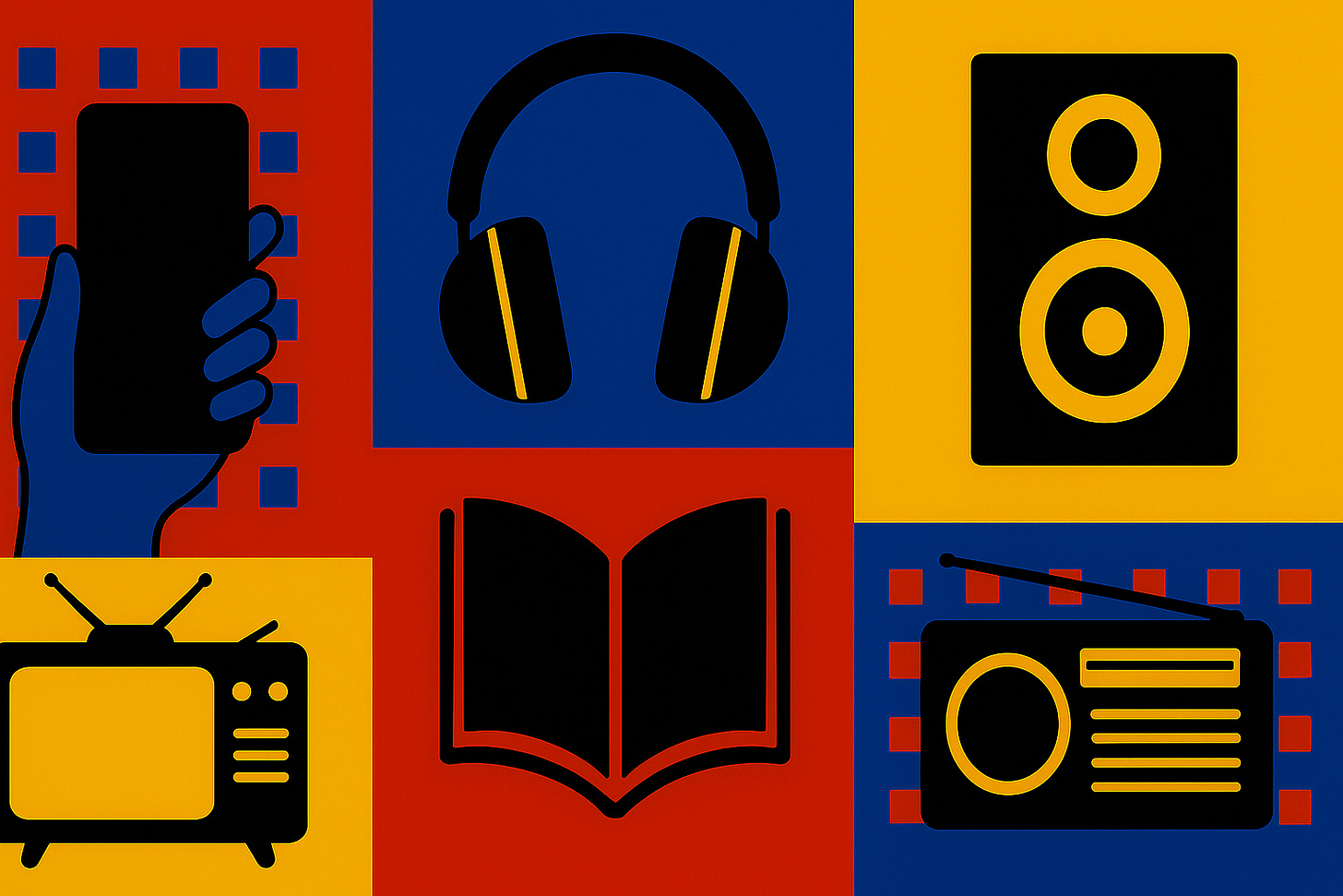 A radio, headphones, a book, a phone and a TV set