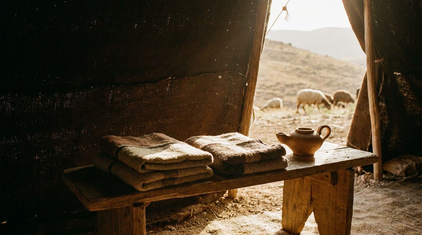 Folded woven blankets on a wooden bench inside a goat-hair tent, sheep grazing on the hill beyond, no text, no faces Folded woven blankets on a wooden bench inside a goat-hair tent, sheep grazing on the hill beyond, no text, no faces
