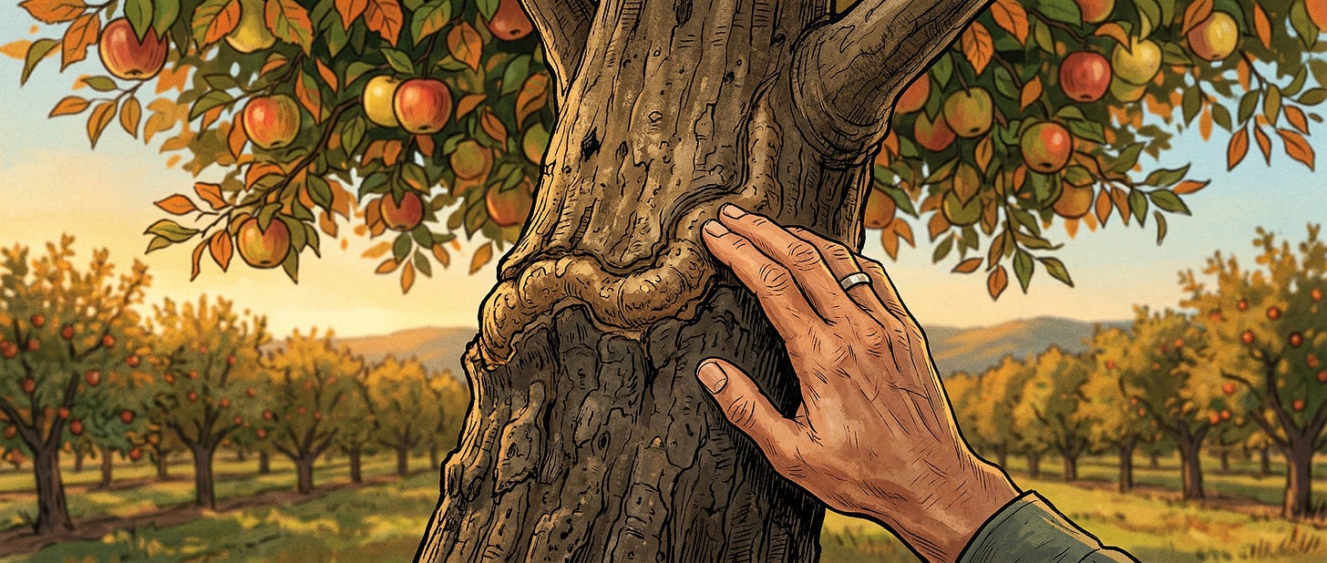 In a working orchard, a hand inspects an old grafting-scar on a fruiting tree.