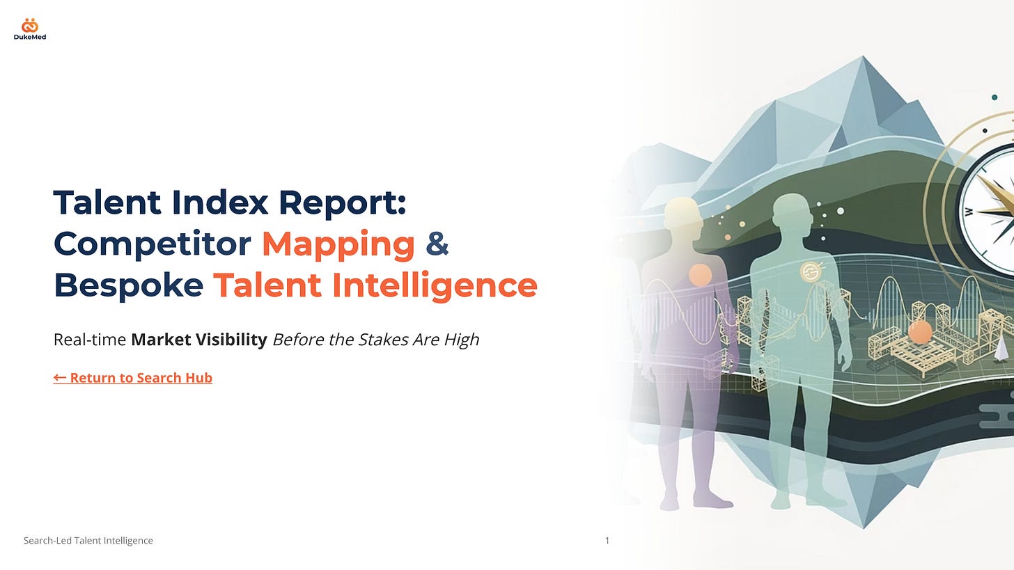 Talent Index Report cover slide showing silhouetted talent profiles against a mapped landscape with compass, representing competitor mapping and bespoke talent intelligence.