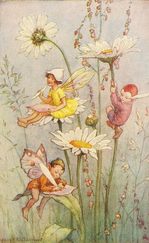 This may contain: an illustration of two fairy children sitting on daisies with flowers in the foreground