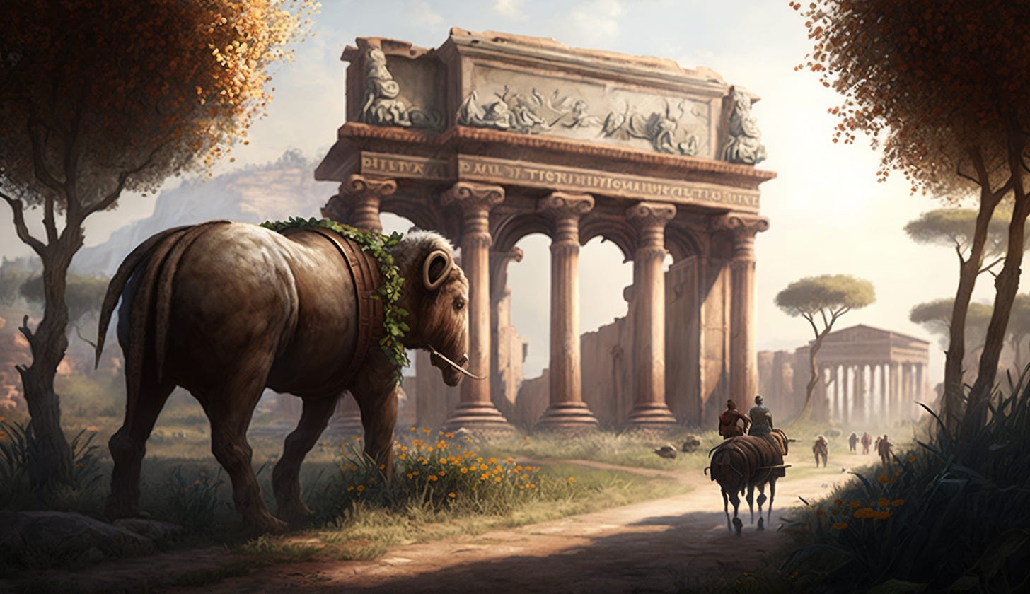 Midjourney prompt: all roads lead to rome during roman empire era pastoral