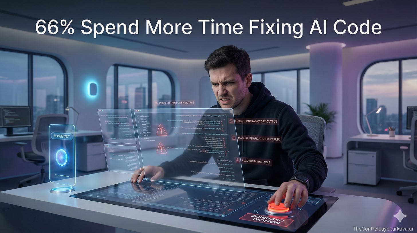 A developer examining AI-generated code with visible errors, hand poised over a manual override control.