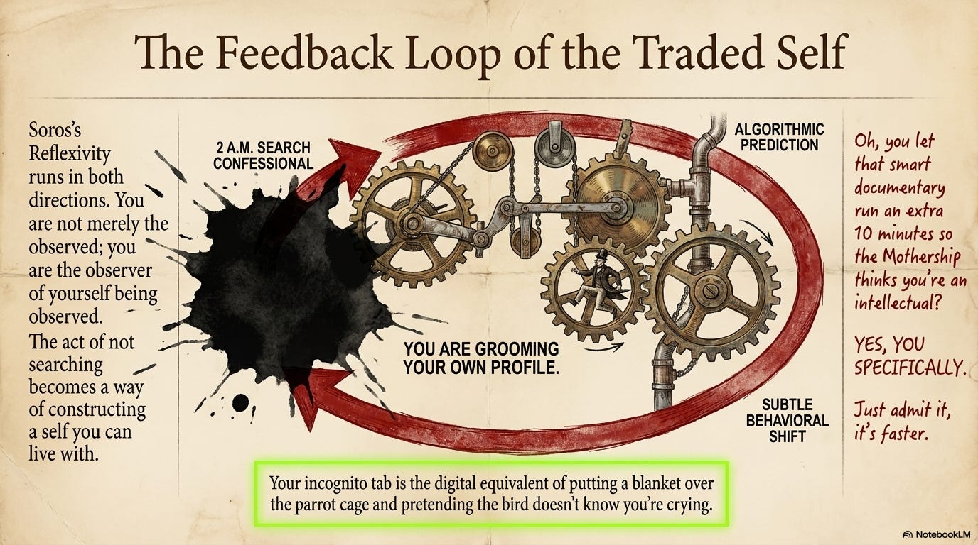 Steampunk gear diagram of the reflexive feedback loop of the traded self. A 2 a.m. search confessional feeds an algorithmic prediction engine, which produces a subtle behavioral shift, which feeds back into the data. Center caption: "You are grooming your own profile."