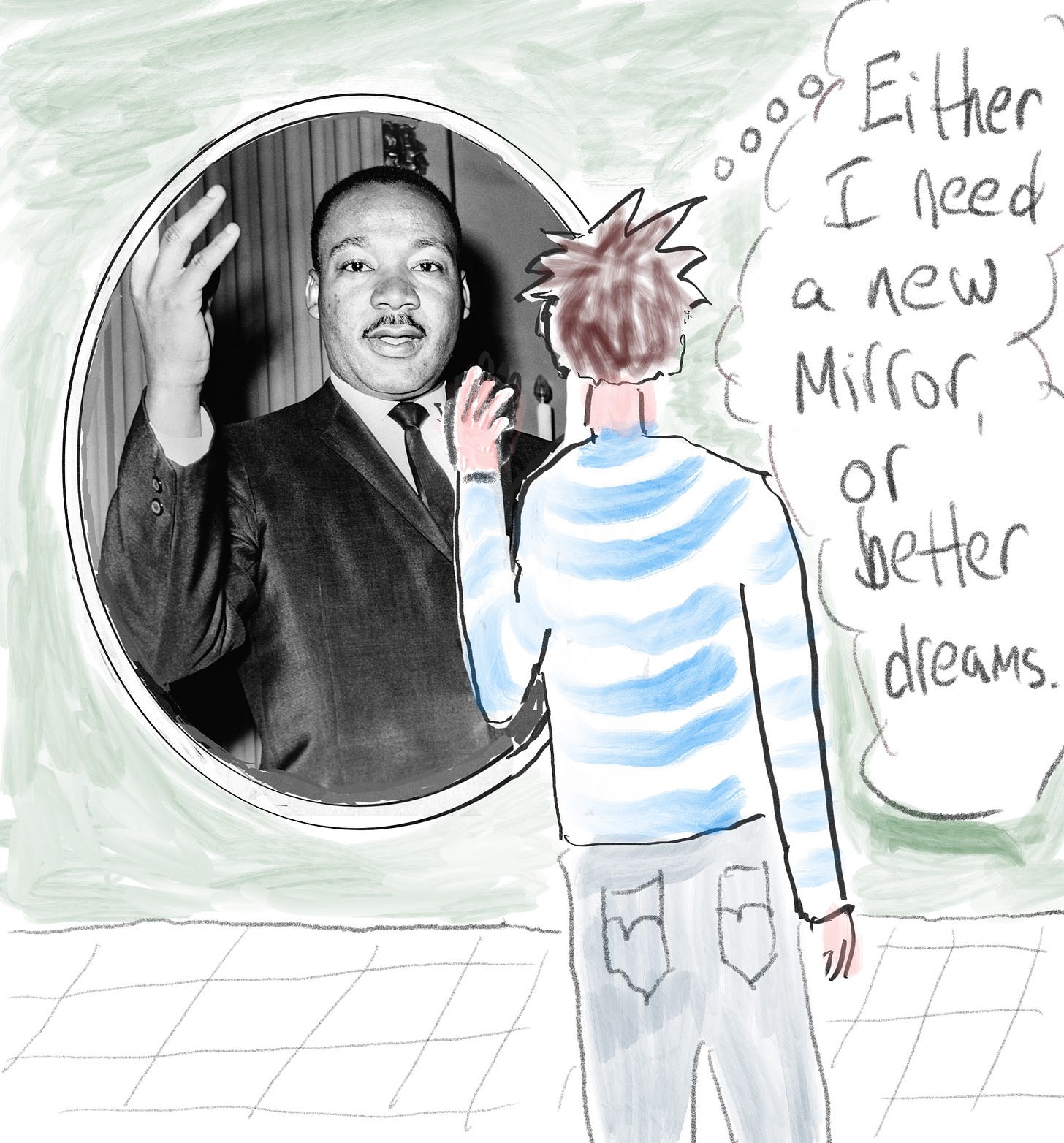 Man looks at his reflection in a mirror, and sees Martin Luther King, Jr. 