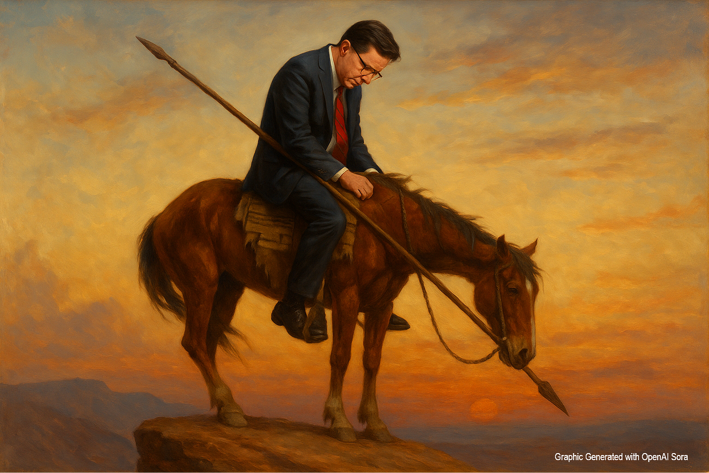 Picture of Stephen Colbert as the rider in the famous "End of Trail" painting (native American warrior on his horse, exhausted at the end of their trail).
