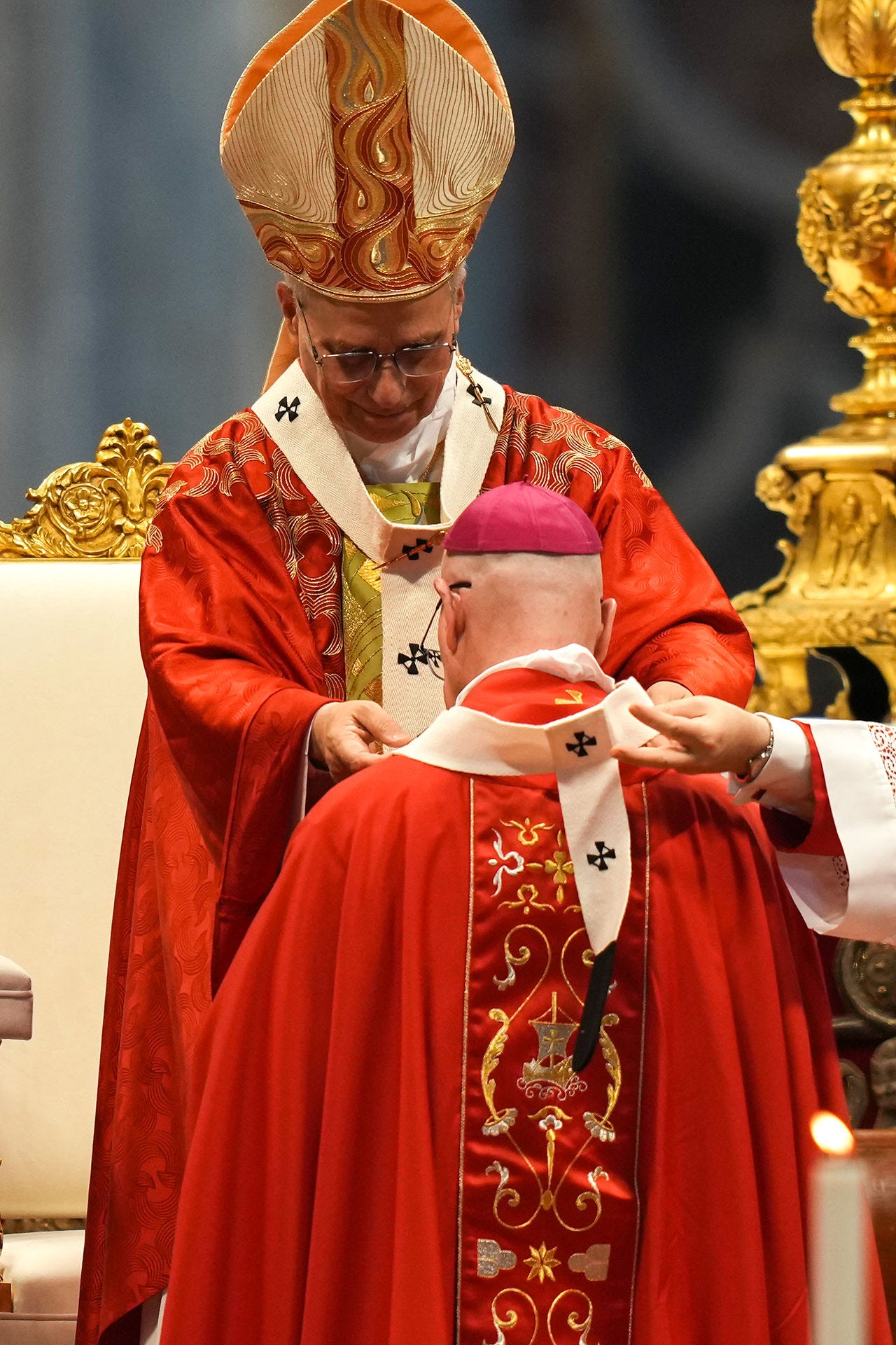 Pope Leo XIV places the pallium on Archbishop James R. Golka in St. Peter’s Basilica