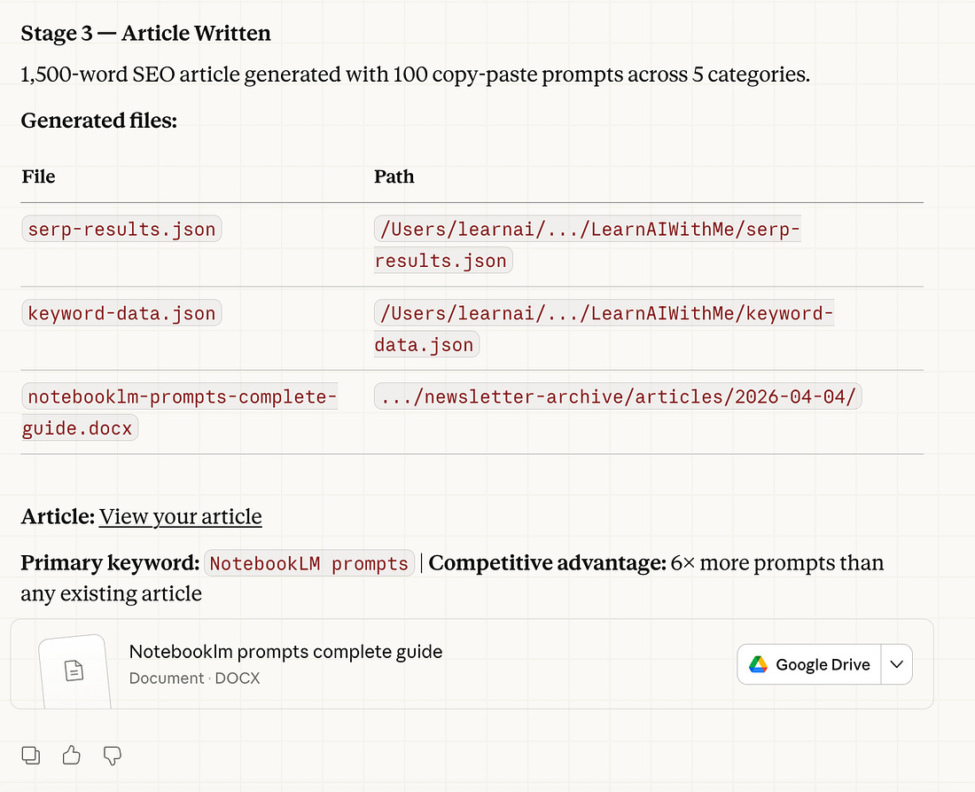Generated SEO article preview showing 100 NotebookLM prompts organized by category with optimized headings and keyword structure