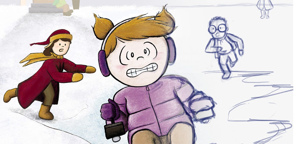 Digital painting blending with a sketch of a page from "The Perfect Ride." Shows a girl in pigtails gritting her teeth as her power wheelchair careens while two other kids chase after her.