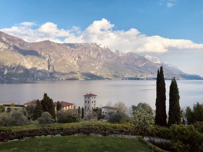 A lakeside and mountain view.