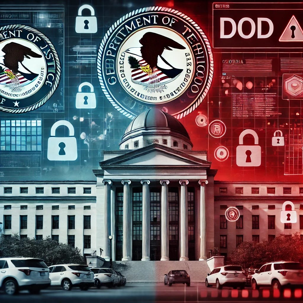 A featured image for a news story titled 'DoJ Joins Suit Against Georgia Institute of Technology Over Cybersecurity Failures with DoD'. The image should show a split scene: on one side, a government building representing the Department of Justice, and on the other side, the Georgia Institute of Technology campus. Between the two, there should be a digital interface with red warning symbols representing cybersecurity breaches, and a DoD emblem subtly overlaid. The color scheme should convey a serious, investigative tone, with shades of dark blue, gray, and red to highlight the urgency of the matter.