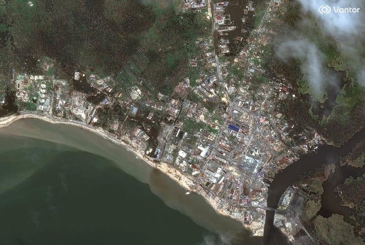 Structures in southwest Jamaica damaged by Hurricane Melissa. Imagery credit: Vantor on Twitter / X