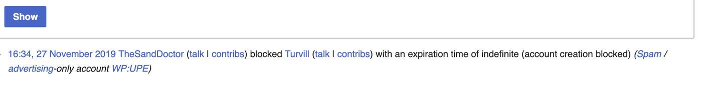 Wikipedia's block log for User:Turvill, 27 November 2019.