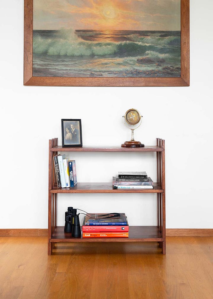 two simple arts and craft style bookshelves, one shot straight on and one joinery detail angle 