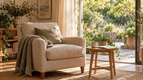 A sunlit room with a linen chair, an open notebook and a view of a leafy garden.