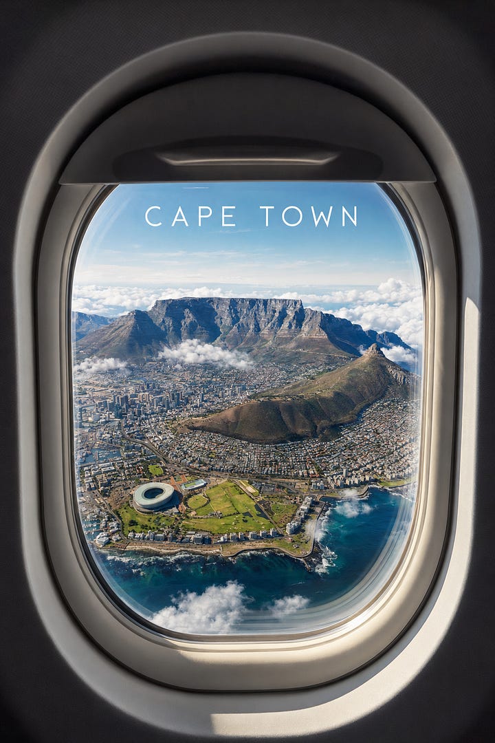 Grid of four airplane window photos: New York City, Budapest, Disneyland, and Cape Town skylines, each labeled with the city name