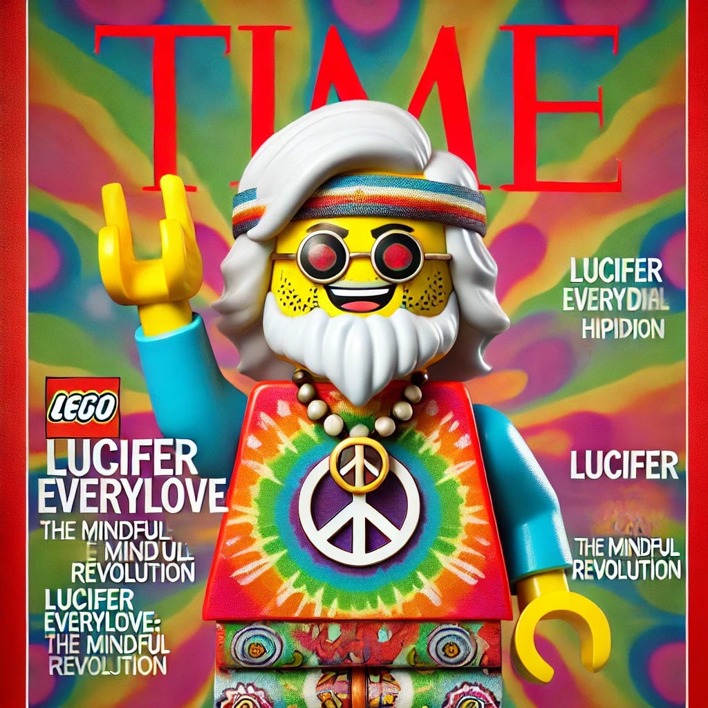 A playful and creative image of Lego Ninjago's Master Wu dressed as a presidential hippie on the cover of Time Magazine. Master Wu is wearing a colorful, tie-dye shirt, round sunglasses, and a peace sign necklace, while still maintaining his iconic white beard and Ninjago hat. The magazine cover has bold text that reads 'Time' and features the headline 'Lucifer Everylove: The Mindful Revolution.' The background has a vibrant, energetic feel, with psychedelic patterns and political campaign elements, giving it a fun and whimsical look.