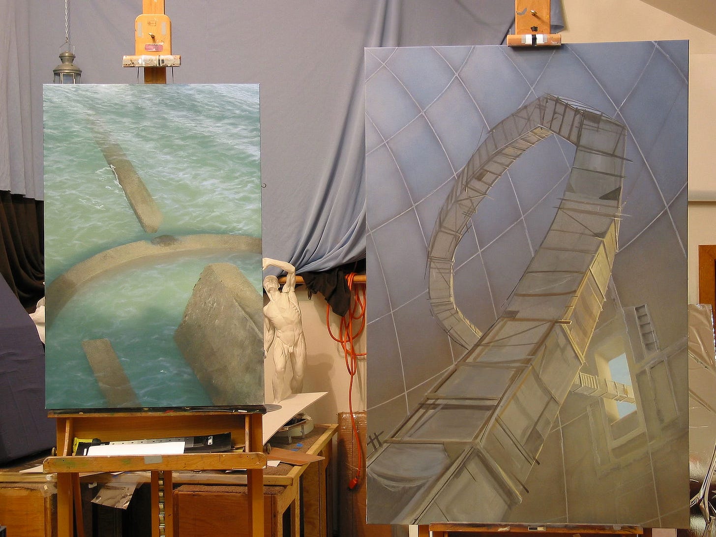 Photo of SEAWALL and LUMEN 9 on adjacent easels with LUMEN 9 dwarfing the other painting in size. Both paintings are about half done with the environments established but no figures yet in place.