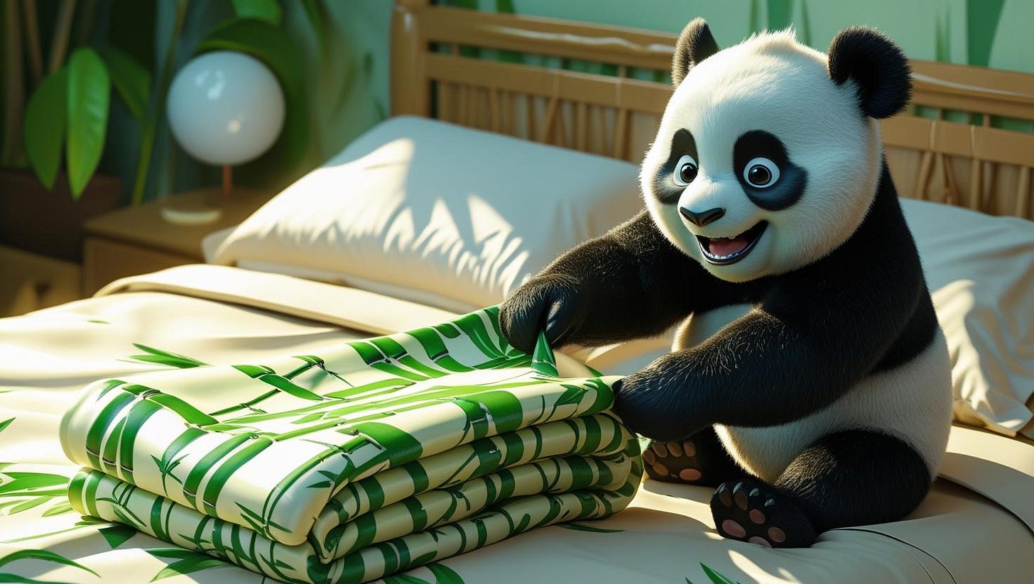 Illustration of a happy cartoon panda unfolding a duvet cover.