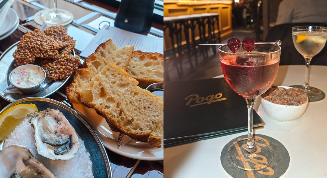 Two pictures - one of three plates of food and one of two cocktails Two pictures - one of three plates of food and one of two cocktails