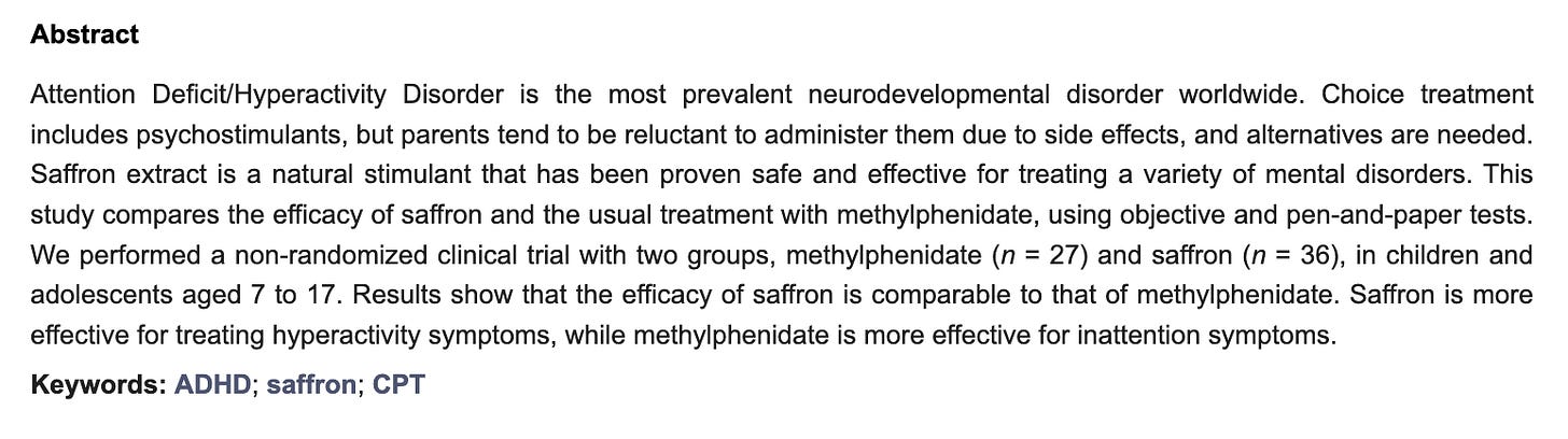 Abstract of a study that found that saffron extract had comparable efficacy for treatment of hyperactivity symptoms