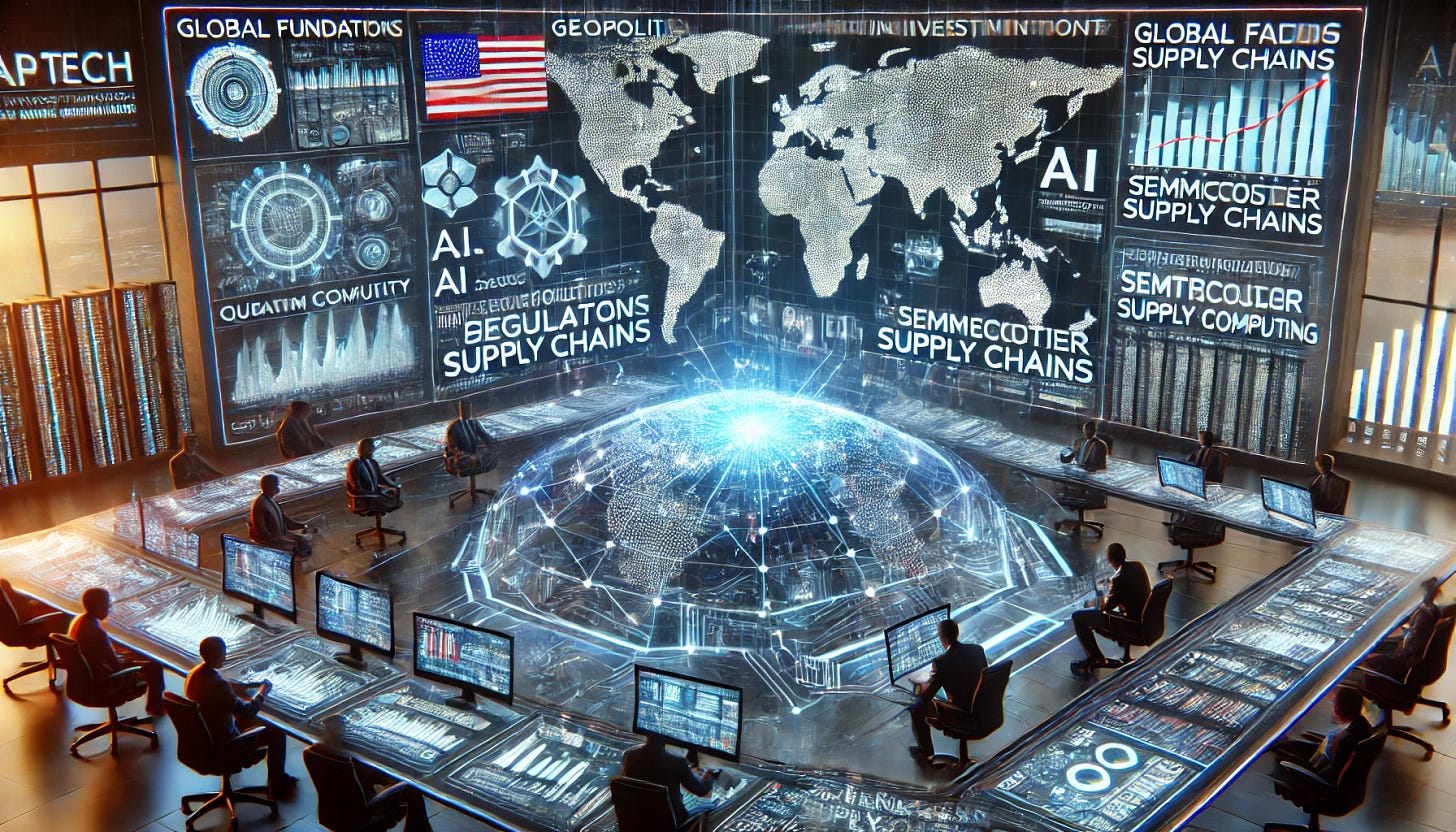 A futuristic geopolitical investment war room featuring holographic displays of AI regulations, semiconductor supply chains, and cybersecurity threats. Investors analyze global funding flows between the U.S., EU, and China, with key sectors highlighted: AI security, quantum computing, and chip manufacturing. A digital map shows talent migration trends and government-backed AI investments. The atmosphere is intense and high-tech, representing the strategic decision-making behind DeepTech investments.