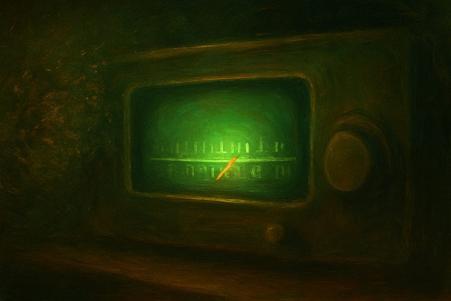 An oil-style painting of a glowing old analog radio tuner dial in green and bronze tones, with fuzzy static around it.