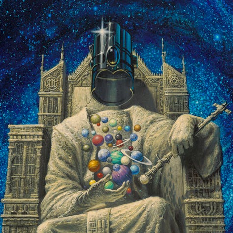 LEFT: Detail from EMPIRE featuring a headless statue in stately robes sits upon a stone throne hovering in front of a vibrant blue spiral galaxy. A tall shiny helmet floats empty just above the statue's shoulders. CENTER: Close detail from EMPIRE featuring a headless statue sitting on throne hovering in front of a vibrant blue spiral galaxy. The artist sigil is worked into the stone of the throne. RIGHT: Close detail from EMPIRE featuring a tiny figure at the foot of the statue to provide perspective on how enormous it is.
