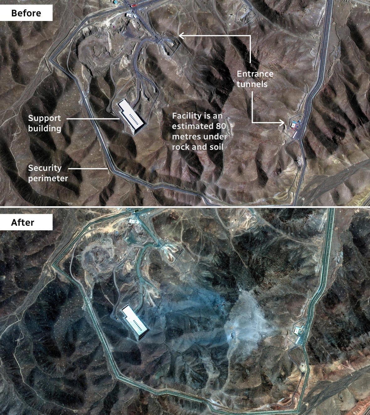 Satellite images from several days apart are shown side by side of a remote facility site in a mountainous region. 