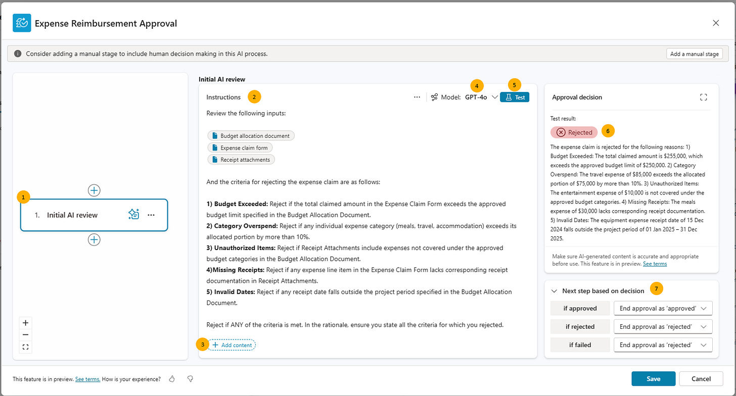 Screenshot of the AI stage configuration in the approval viewer, showing how to add and configure an AI stage with instructions and model selection.