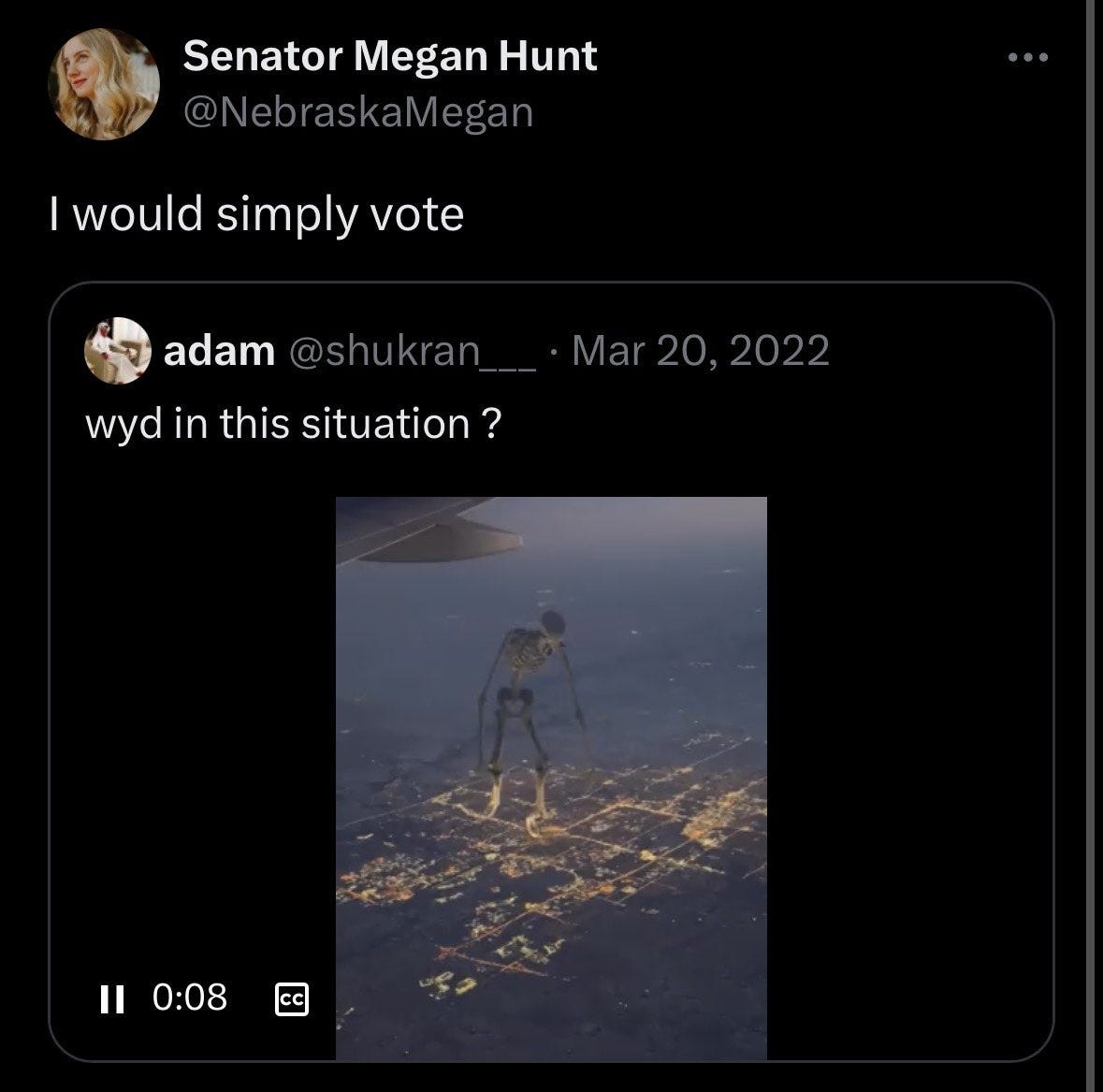 Tweet showing giant skeleton attacking a city captioned 'wyd in this situation' then quote-tweeted with 'i would simply vote'