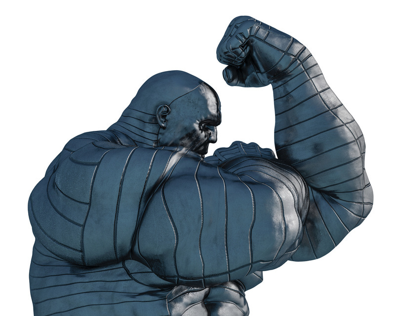 Man made of steel flexing his muscle