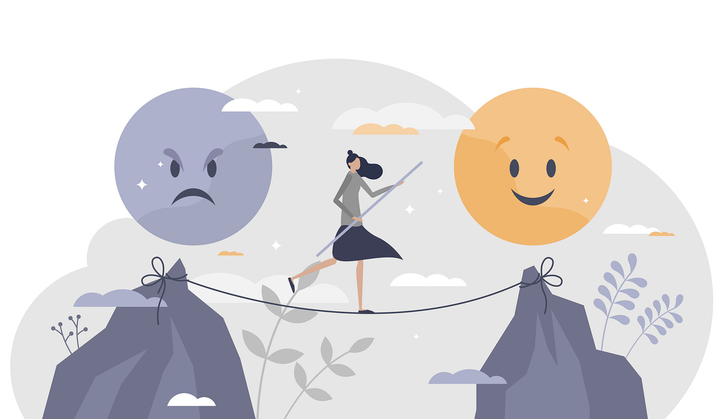 a woman walking on a tight rope between angry and happy