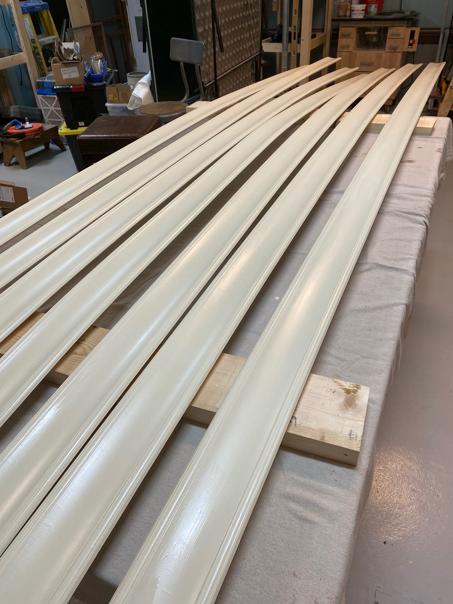 Painted crown molding drying