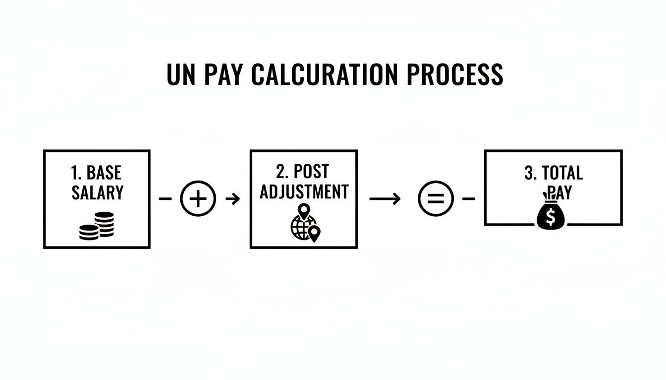 Flowchart detailing the UN pay calculation process: Base Salary plus Post Adjustment equals Total Pay. Flowchart detailing the UN pay calculation process: Base Salary plus Post Adjustment equals Total Pay.