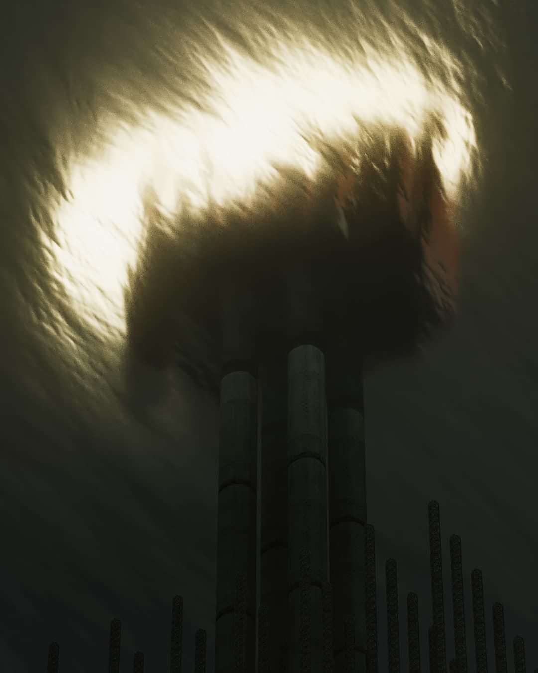 A slightly gestural image of smokestacks with flames coming out of the top. The stacks are black against a dark grey background. The flame is rendered in white with loose, linear markmaking and subtle grain. A slightly gestural image of smokestacks with flames coming out of the top. The stacks are black against a dark grey background. The flame is rendered in white with loose, linear markmaking and subtle grain.