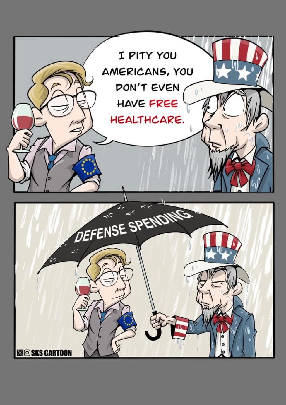May be a doodle of ‎text that says '‎I PITY YOU AMERICANS, γου DON'T EVEN HAVE FREE HEALTHCARE. ฝ ات DEFENSE SPENDING OSKS SKSCARTOON CARTOON‎'‎