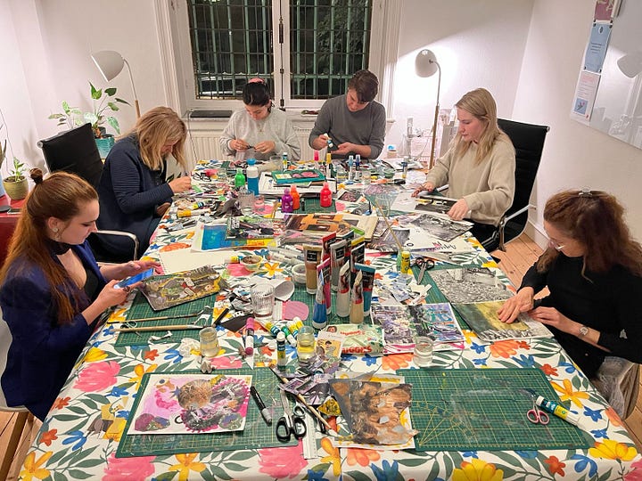 Two photos. The left-hand photo shows a group of 6 people gathered around a large table doing arts & crafts on a flowery table cover, surrounded by paints. The right-hand photo shows a group of three people talking at an event. A woman with long brown hair and glasses is listening to another participant with their back turned wearing a checked yellow shirt. A third person in a brown patterned jacket and glasses is listening.