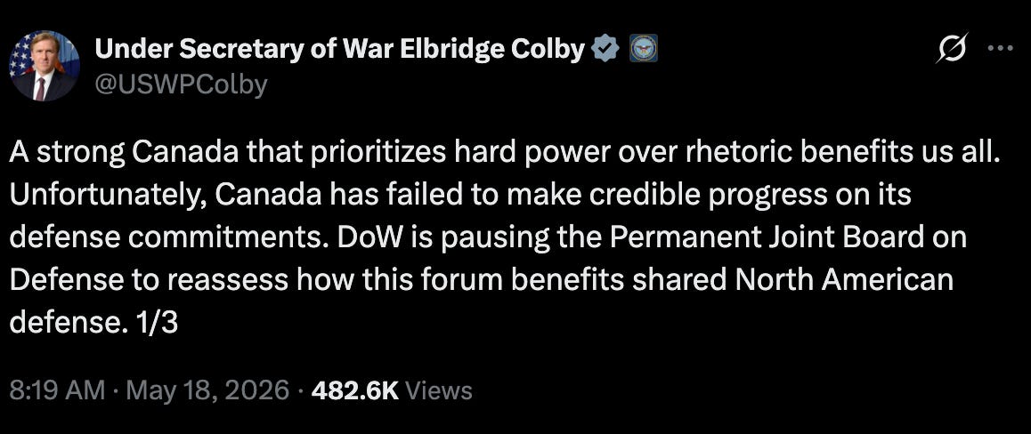 America “Pauses” a Joint Canada/US Defence Board Nobody in Ottawa Was Using Anyway Because Trump's Still Big Mad At Carney For Gutting Him On Stage In Davos. LOL. 