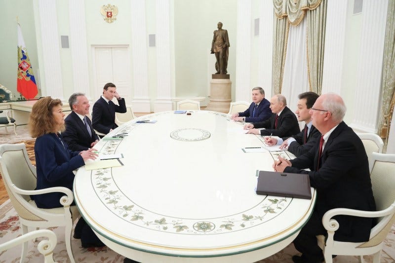 Russian President Vladimir Putin and two Kremlin aides meet with U.S. special envoy Steve Witkoff and U.S. President Donald Trump’s son-in-law Jared Kushner in Moscow. Russian President Vladimir Putin and two Kremlin aides meet with U.S. special envoy Steve Witkoff and U.S. President Donald Trump’s son-in-law Jared Kushner in Moscow.