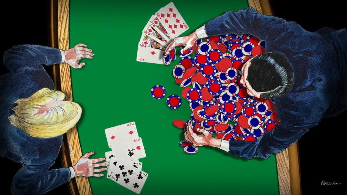 James Ferguson illustration of Trump and Xi playing poker. China holds all the best cards on the poker table representing the trade war. James Ferguson illustration of Trump and Xi playing poker. China holds all the best cards on the poker table representing the trade war.