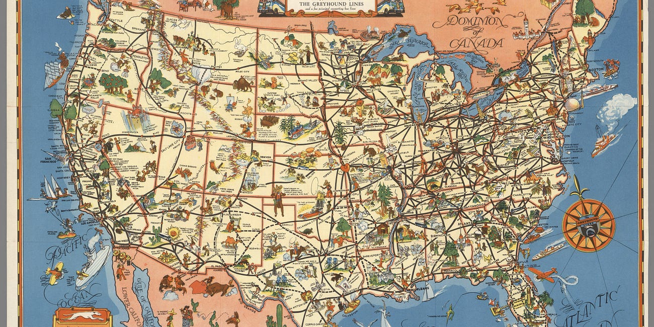 A good-natured map of the United States setting forth the services of The Greyhound Lines (1939)