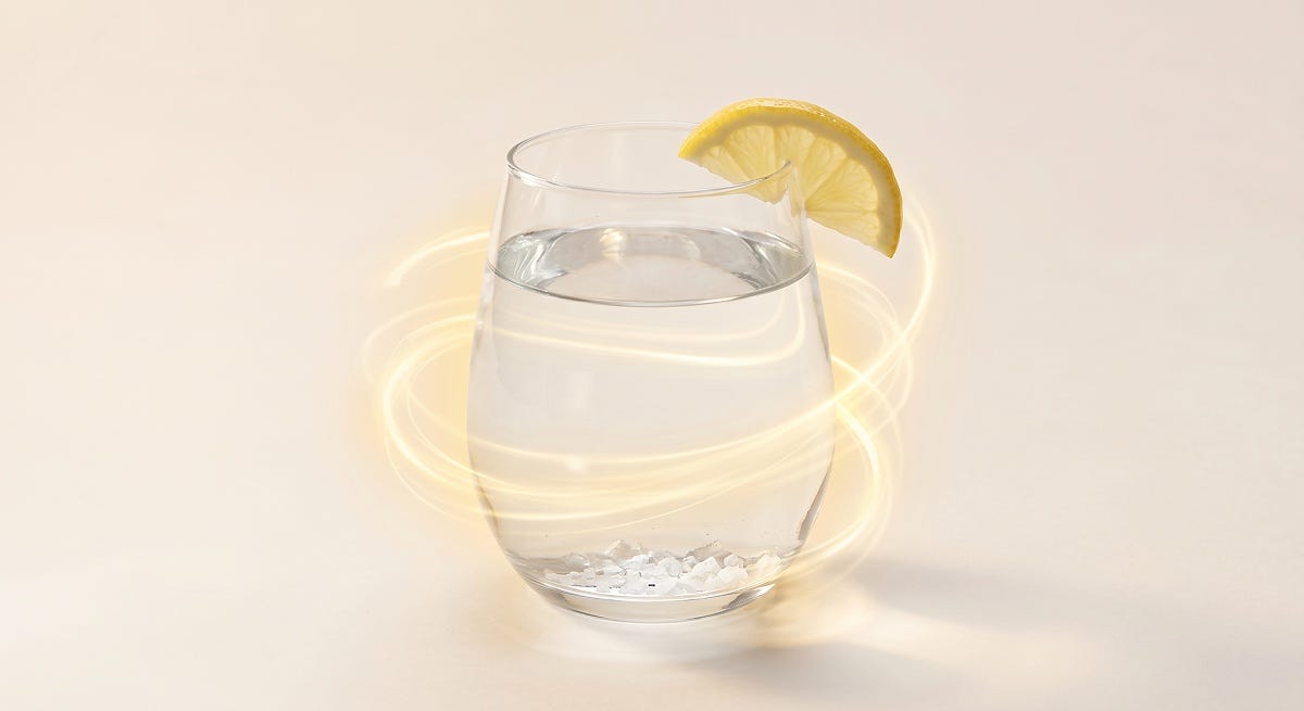 A clean glass of fresh water garnished with a lemon wedge and sea salt crystals resting at the bottom, surrounded by a soft glowing golden light. A clean glass of fresh water garnished with a lemon wedge and sea salt crystals resting at the bottom, surrounded by a soft glowing golden light.