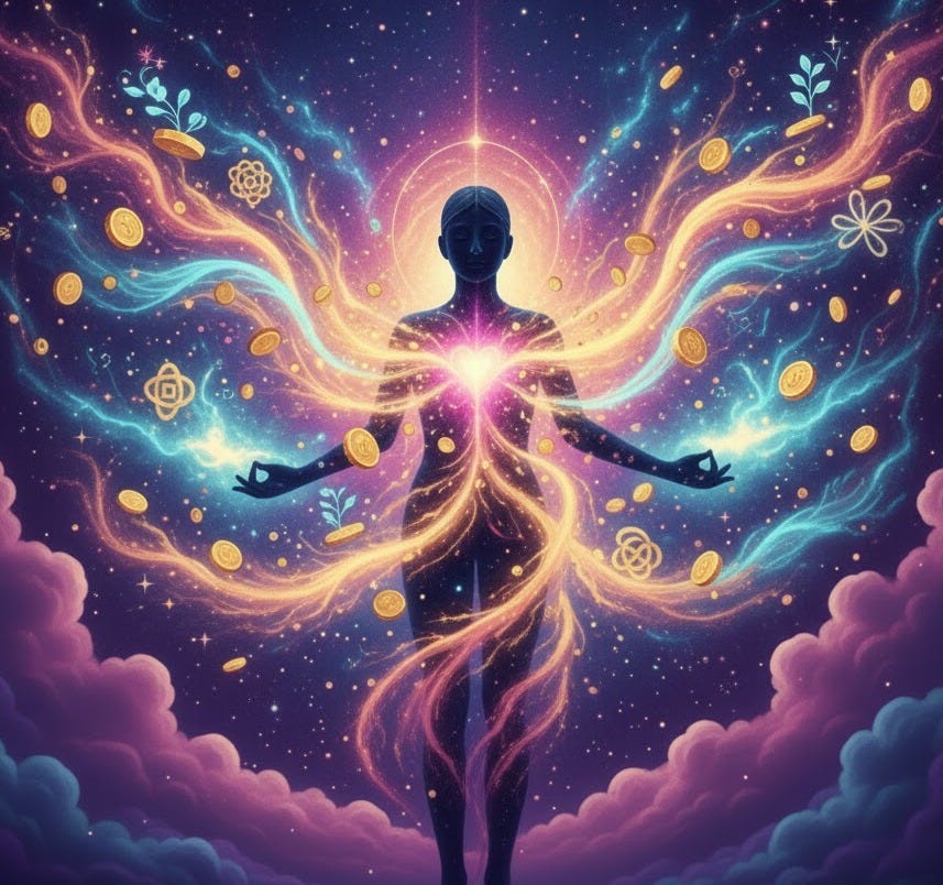 silhouette and radiating auric energy, symbolizing the strengthening of intuitive impulses and acting from abundance