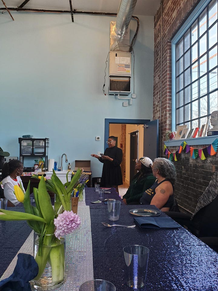 Images from DSM.215's celebration circle, photos of community members sharing food, laughing, and engaging in a gratitude exercise