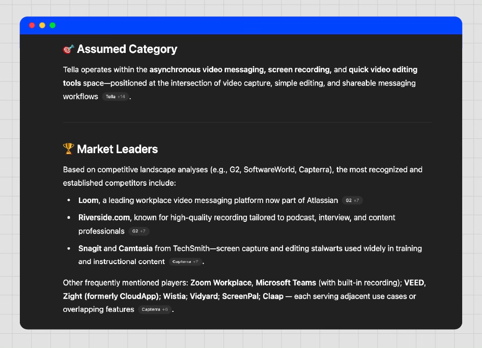 Screenshot of ChatGPT analysis showing Tella.com’s assumed category and competitor list with market leaders like Loom and Riverside. Screenshot of ChatGPT analysis showing Tella.com’s assumed category and competitor list with market leaders like Loom and Riverside.