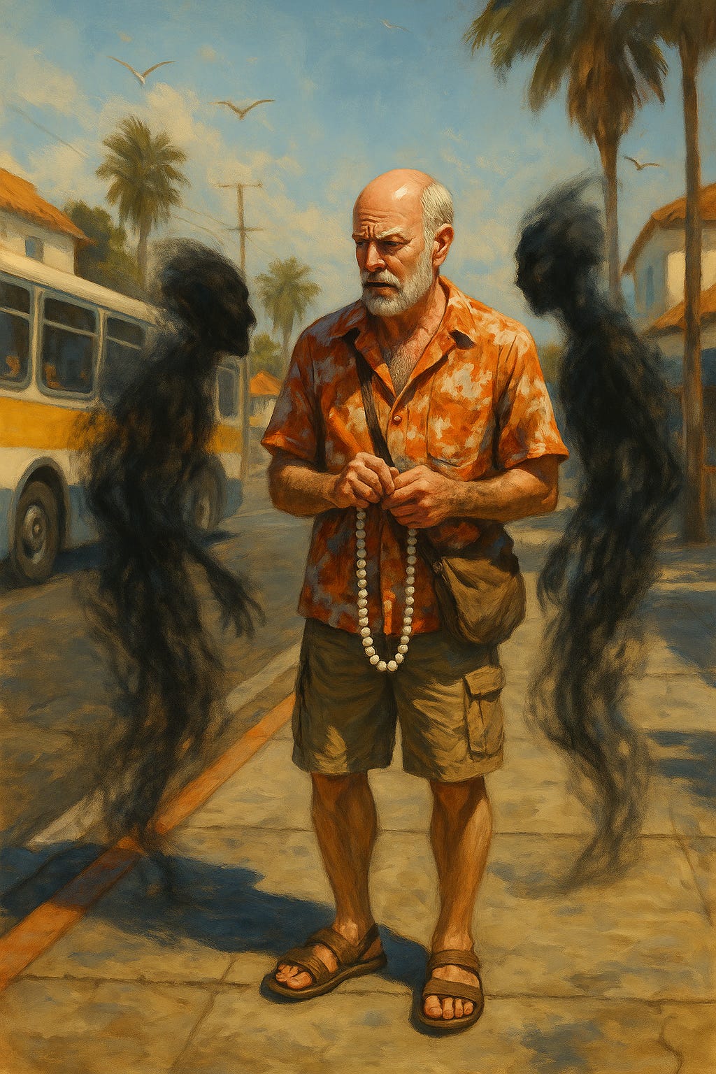 A bearded man with a warm smile sits barefoot at an outdoor café, basking in sunlight. He wears a colorful, worn shirt and relaxed shorts, with a calico cat contentedly curled in his lap. A coffee cup rests on a nearby table. The scene evokes peaceful companionship, summer warmth, and quiet wisdom. A bearded man with a warm smile sits barefoot at an outdoor café, basking in sunlight. He wears a colorful, worn shirt and relaxed shorts, with a calico cat contentedly curled in his lap. A coffee cup rests on a nearby table. The scene evokes peaceful companionship, summer warmth, and quiet wisdom.